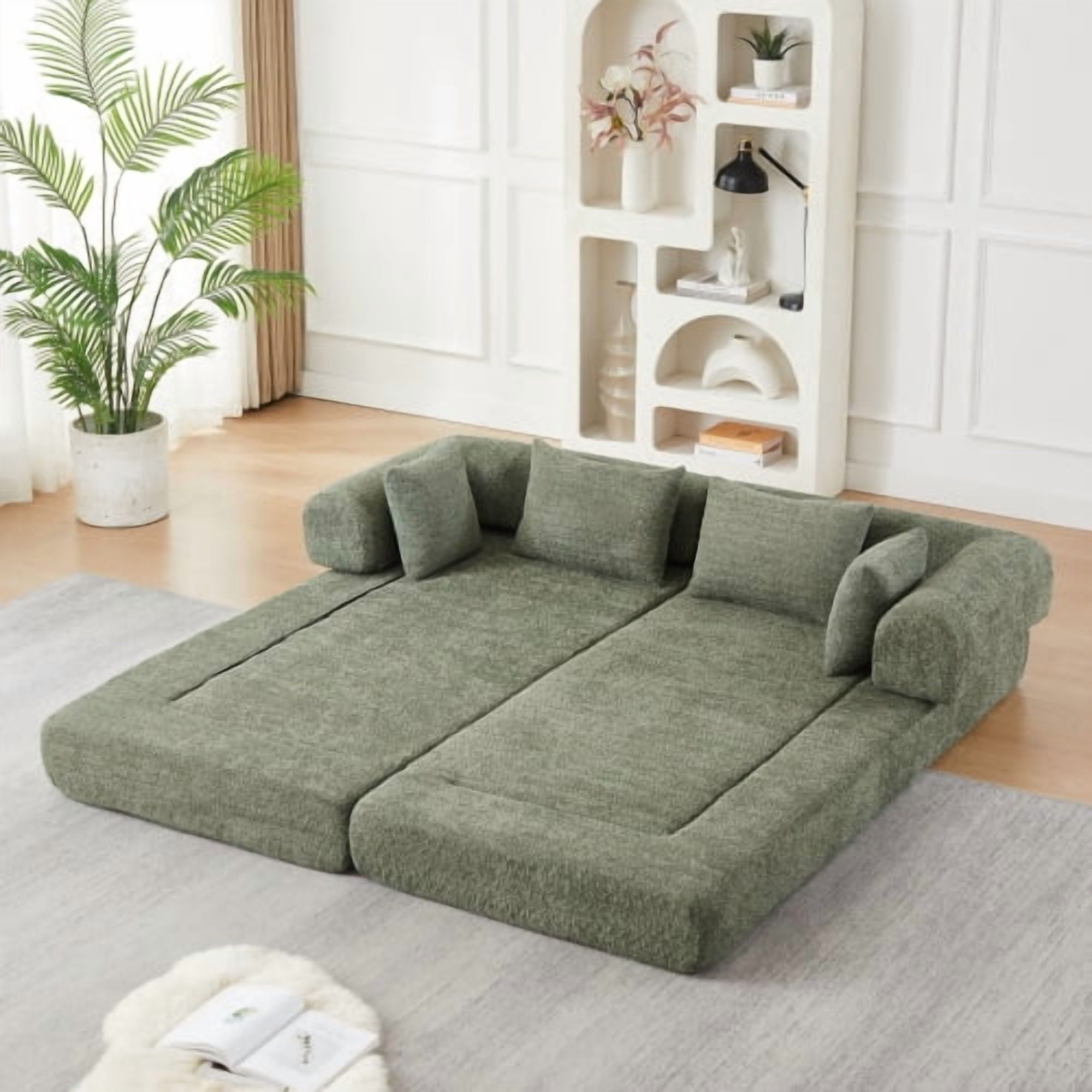 78.9-Inch Convertible Sleeper Sofa, Stain-Resistant Chenille Folding Mattress, DIY Modular Floor Lounge with Removable Armrests, Green