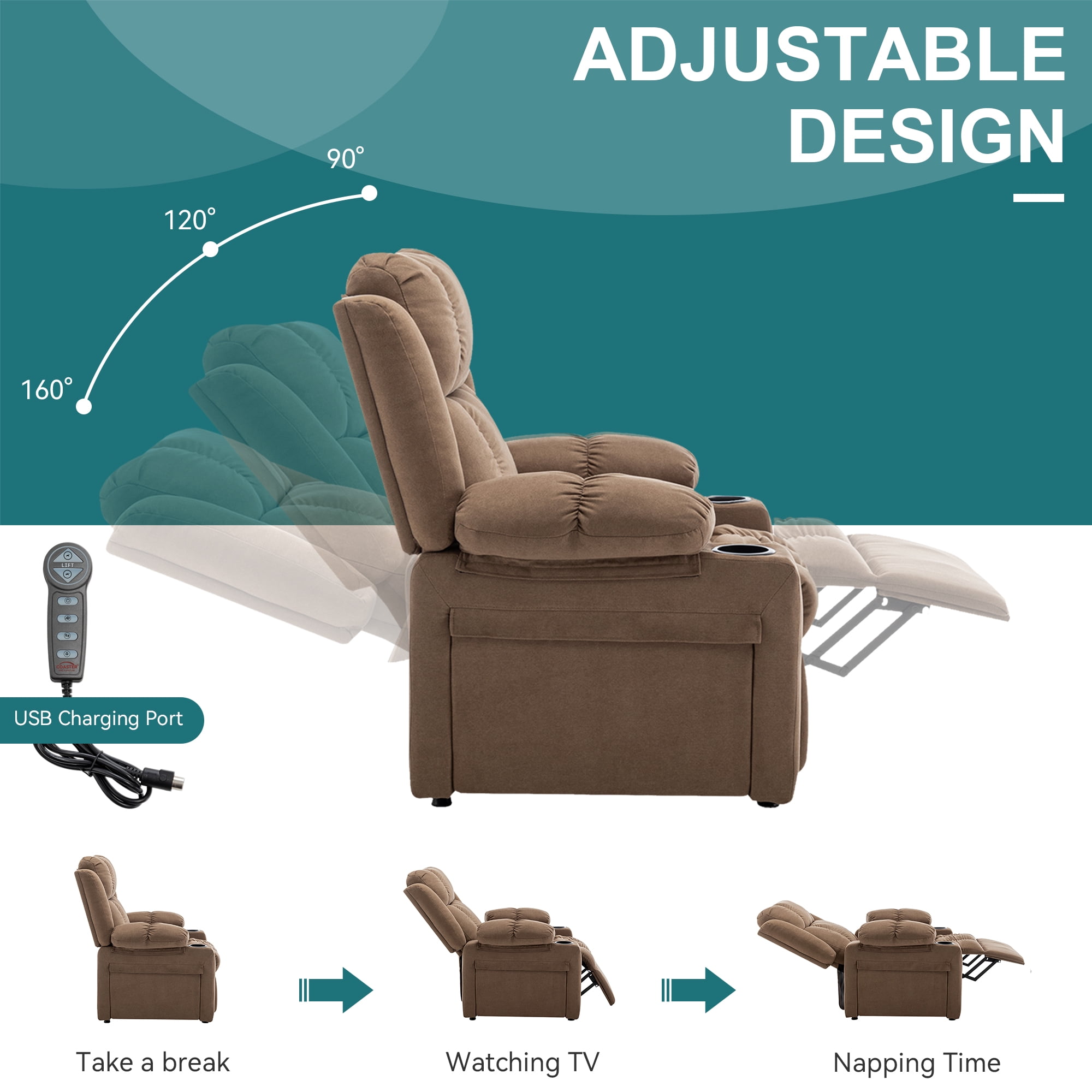 Andeworld 22" Recliner Chairs with Heat and Massage,Oversized Recliner Sofa chairs with Cup Holder, Side Pocket and Tray Taable for Living Rooms, Bedrooms, and Nurseries(Coffee)