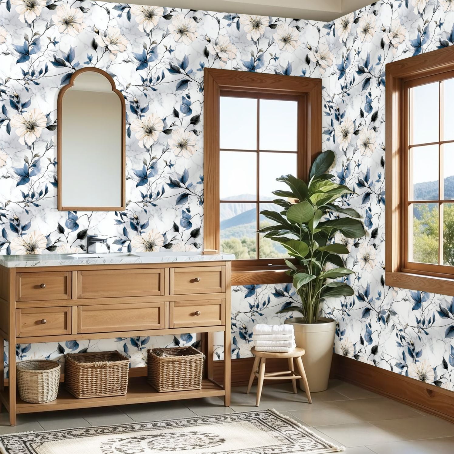 Peel and Stick Wallpaper 23.6in x 9.8ft Elegant Floral Blue Leaves White Flowers Marble Contact Paper Vinyl Self-Adhesive Removable Wall Paper for Bedroom Kitchen Cabinet Décor Renter Friendly