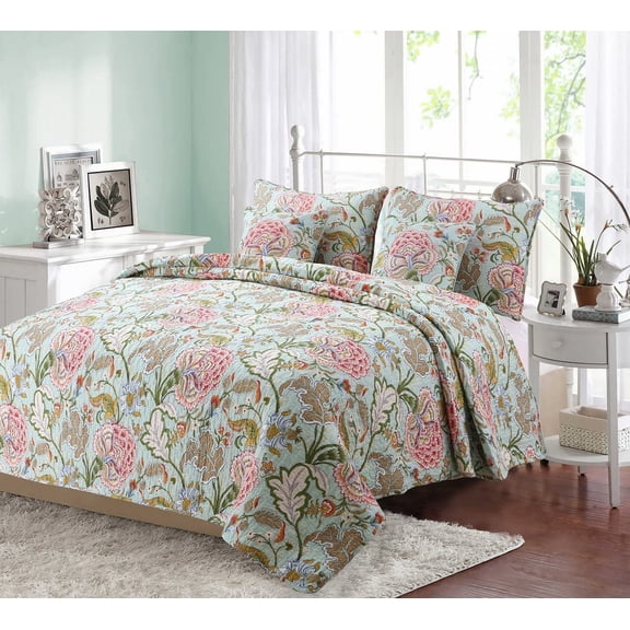 [Queen Camellia] 100% Hypoallergenic Cotton 3 Piece Floral Quilt Set Bedroom Quilt Bedding Full/Queen Size Green