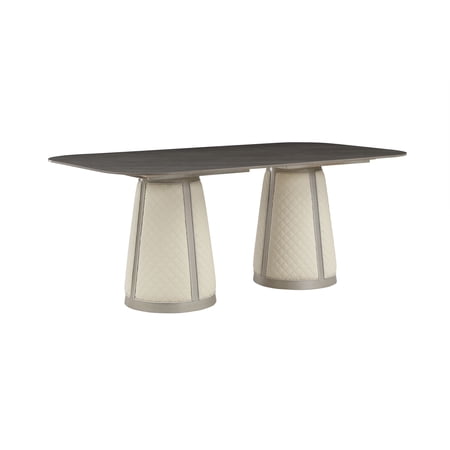 Dining Table with Stone Gray Sintered Stone Top and Champagne Finish Synthetic Wood Base Modern Artistic Cone Shape Supports with Quilted Texture for Dining Room and Kitchen Area