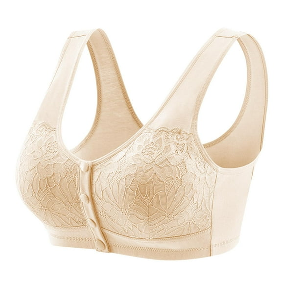 LLYwey Push up Sports Bra Winter Woman's Solid Color Lace Front Buckle Elastic Style Plus Size Bra Without Underwire Women's Plus Size Cotton Longline Bra Style LW-159 Beige 48/110