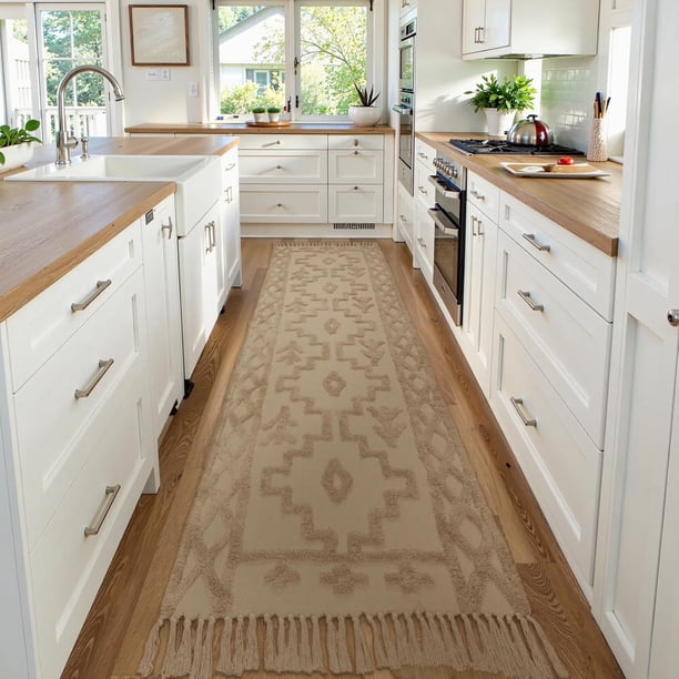 Alfombras Boho para Pasillos, Alfombra Pasillera Lavable Estilo Granja para Entrada, Alfombras de Algodón con Mechones para Dormitorio, Alfombra Estética Tribal