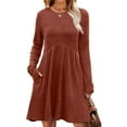 thumbnail image 2 of Long Sleeve Dress for Women Crew Neck Waist Tunic Dress with Pockets Caramel Color L, 2 of 6