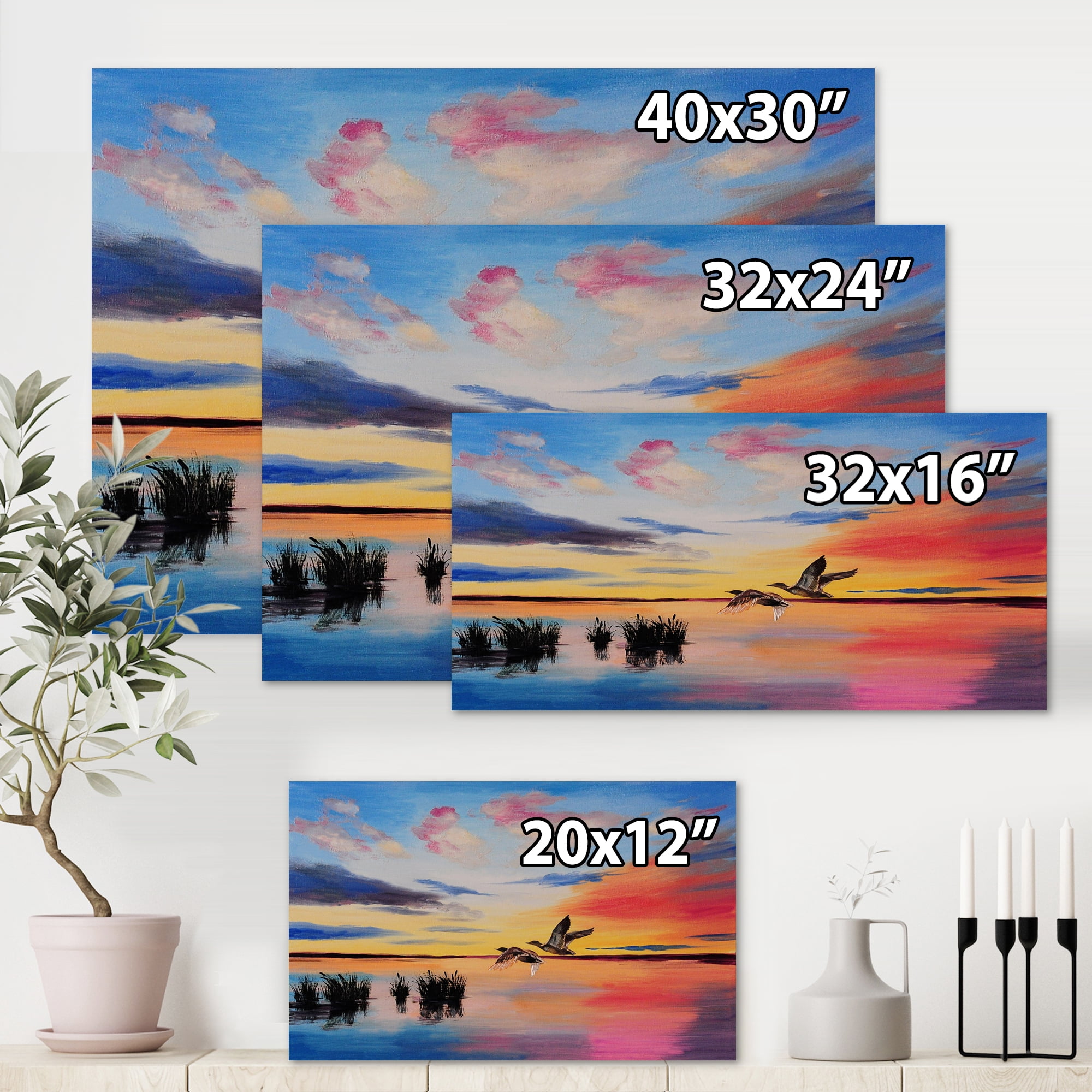 Designart ' Crane Birds Flying During Colorful Sunset ' Nautical & Coastal Canvas Wall Art Print
