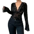 thumbnail image 2 of BLTIBY Long Sleeve Shirts for Women Solid Color V Neck Lace Flare Sleeve Tops Fashion Casual Lightweight Pullover Blouse Black M, 2 of 9
