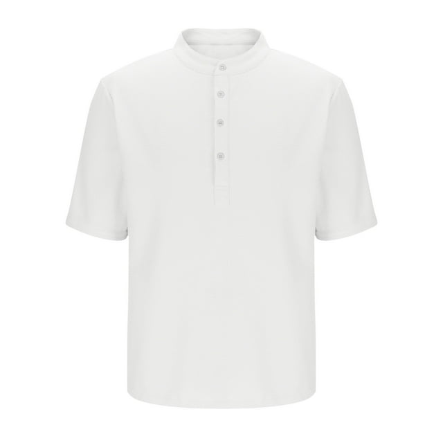 Playera Elvqul de Hombre Blanco de Color Sólido Manga Corta Casual Abotonada Cuello Mao