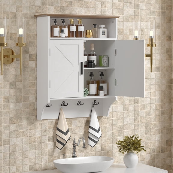 VECELO Bathroom Wall Cabinet, Medicine Cabinet with Open Partition and Four hooks, Modern Storage Cabinet with Open and Hidden Storage Space, for Bathroom, Living Room, Kitchen, White