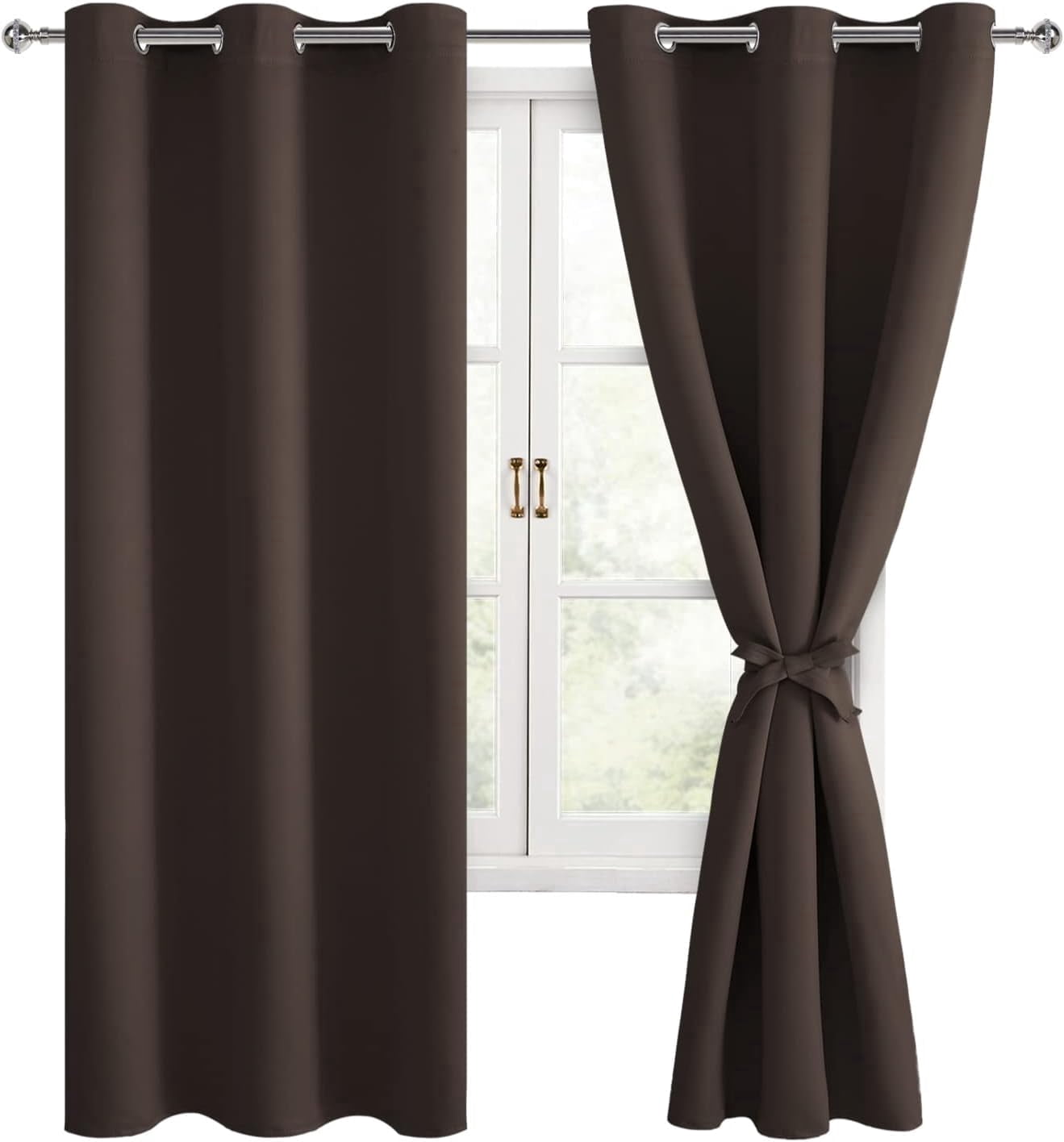 Hiasan Blackout Curtains for Bedroom, 42 x 63 Inches Length - Thermal Insulated & Light Blocking Window Curtains for Living Room, 2 Drape Panels Sewn with Tiebacks, Brown