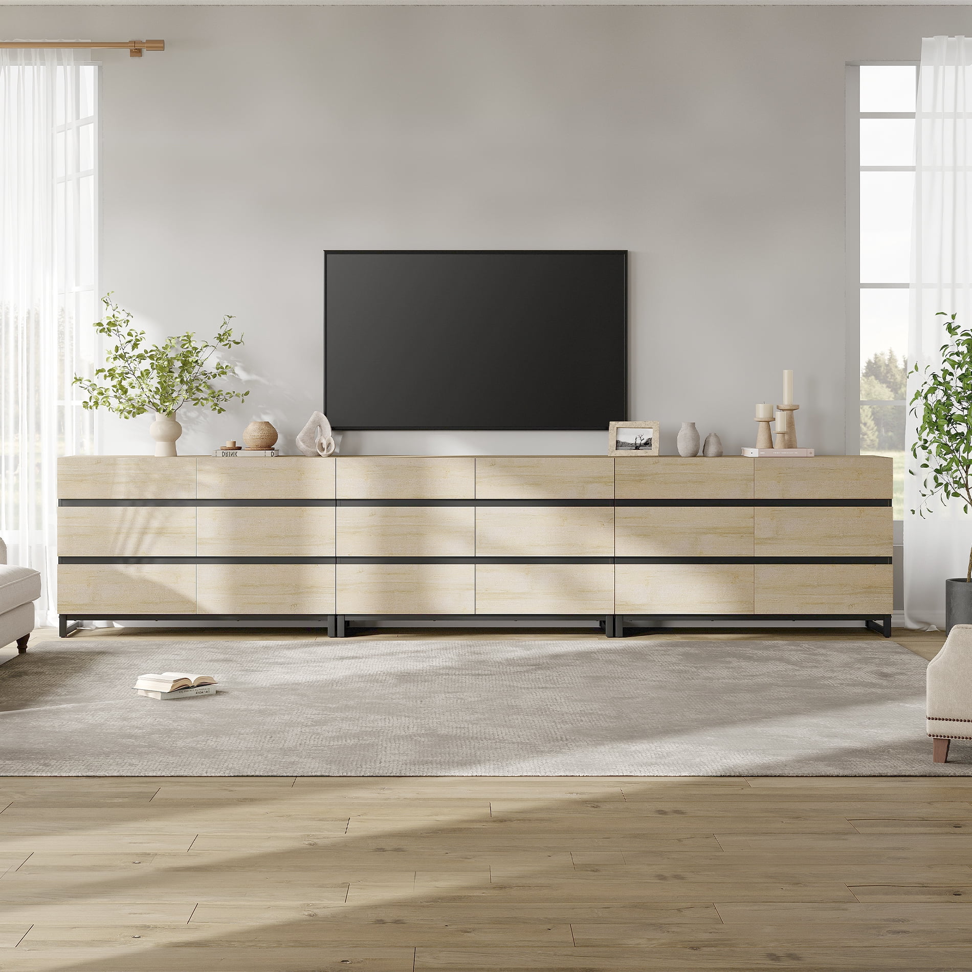 Modern TV Stand with 18 Drawers and Sturdy Metal Base, Entertainment Center Media Console for Living Room and Bedroom, Fits TVs up to 120 Inch, Beige