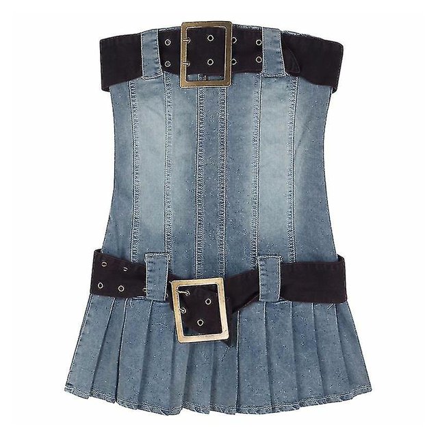 Vestido ajustado con cinturón para mujer, minicorsé corto de Jean, vestido plisado de una pieza, Denim elástico azul Y2k Vintage Acubi Fashion