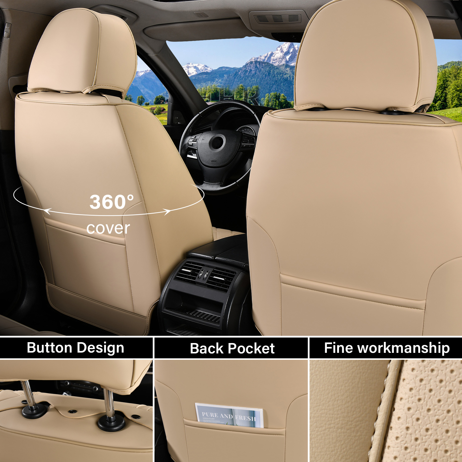 Coverado Beige Front Seat Covers, Faux Leather, Waterproof, Airbag Compatible photo 3