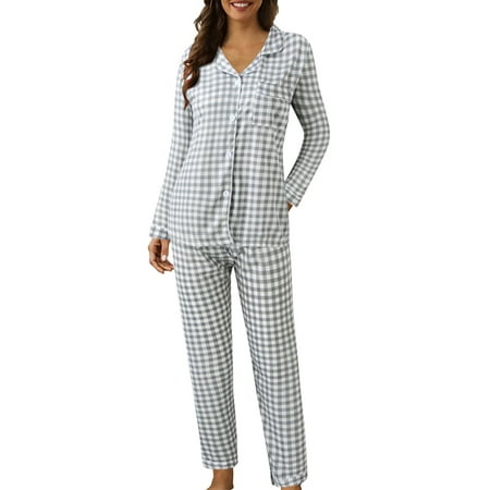 

JDEFEG Flannel Pajama Set Women Casual Lapel Button Plaid Print Two Piece Long Sleeve Pajamas Pajamas Suit Nautical Pajamas Women Polyester Spandex Grey Xl