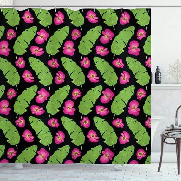 Luau Shower Curtain, Botanical Composition of Banana Palm Leaves and Flowers Garden Art, Fabric Bathroom Set with Hooks, 69W X 70L Inches, Charcoal Grey Green and Pink, by Ambesonne