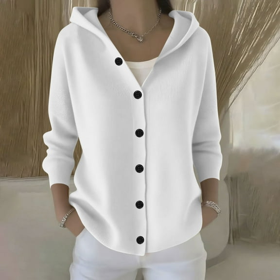 Fznquz Sweaters Women Button Down Hooded Knitted Sweater Solid White Cardigan Trendy Womens Winter Coat