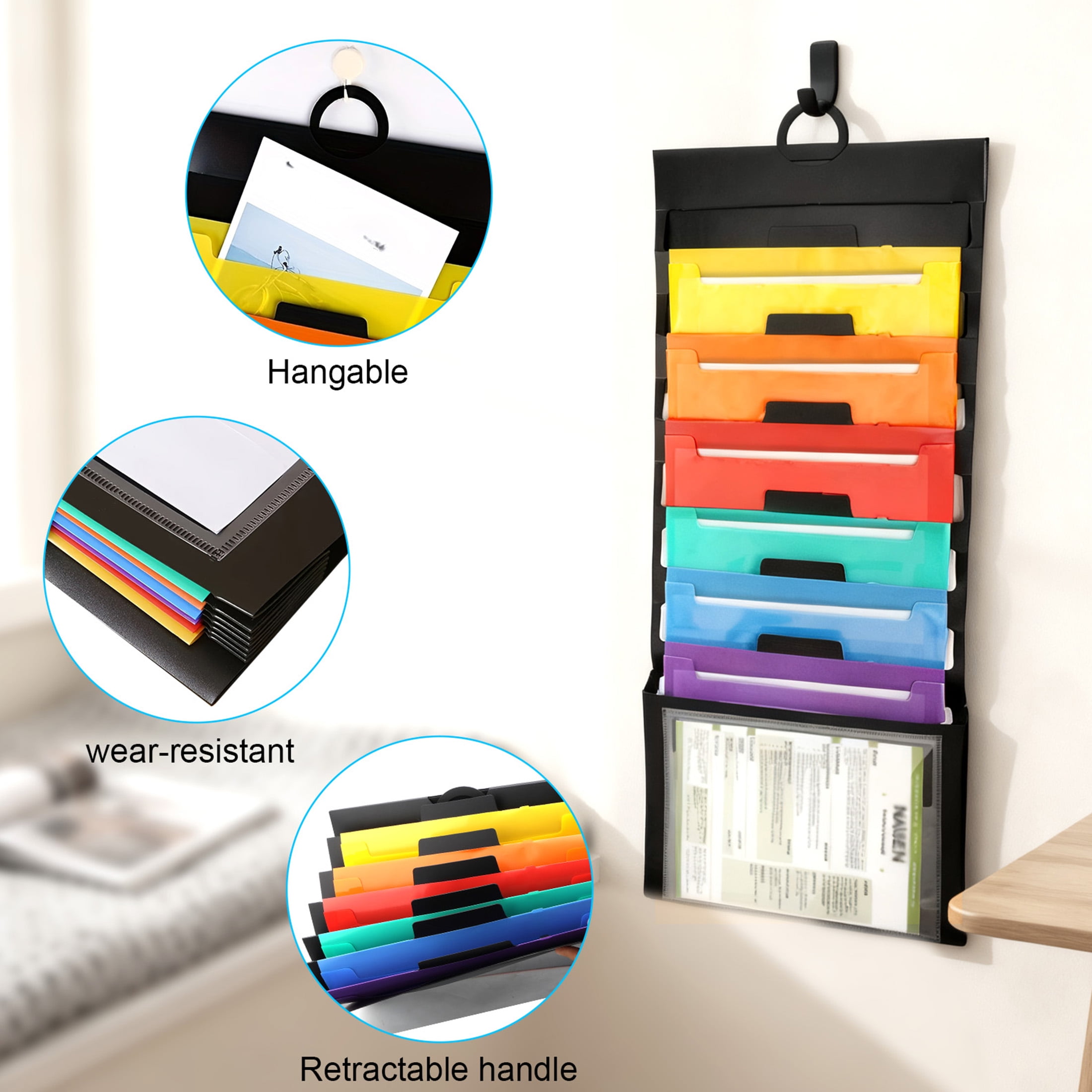 Wall File Organizer, EEEkit 7 Pocket Hanging File Folders, File Holder Organizer for Papers and Folders, Office and Home Use, Black with Assorted Fashion Color Folders