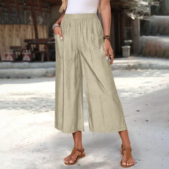 LIBRCLO Womens Capri Pants Wide Leg Elastic Waist Summer Pants with Pockets Loose Breathable Comfortable Workout Trousers