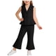 thumbnail image 1 of Conjunto de camiseta sin mangas con cuello en V para niña, top de color liso con cuello en V y lazo decorativo, falda plisada y cinturón, conjunto de moda para niña, 1 of 7