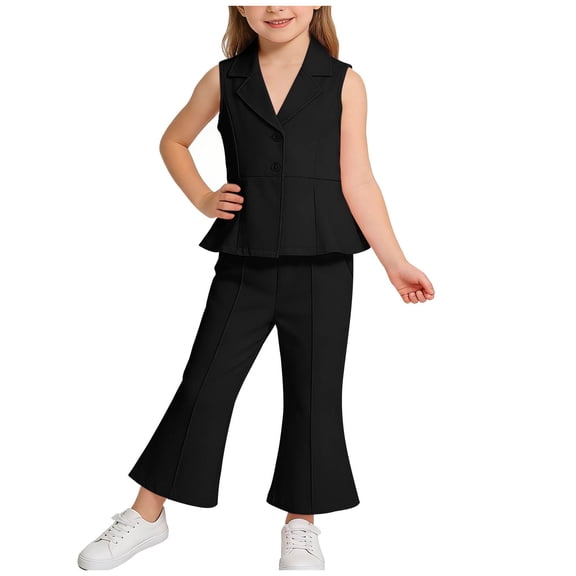 DAETIROS Girls Blazer Set Kids Dressy Outfit Sleeveless Peplum Top & Flared Pants 2 Piece Black,Size 3-4 T