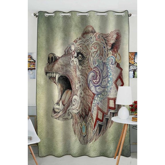 ABPHQTO Dotwork Tattoo Head Enraged Bear Window Curtain Kitchen Curtain Window Drapes Panel 52x84 inch (One Piece)