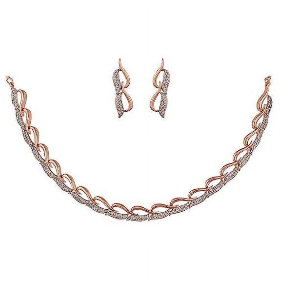 Ratnavali Jewels Women's Rose Gold Tone White Cubic Zirconia Cubic Necklace Earrings Set for Brides & Weddings.