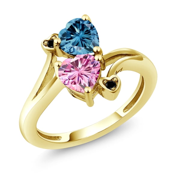 Gem Stone King 10K Yellow Gold Persian Blue Moissanite and Pink Moissanite and Black Diamond Engagement Ring for Women (1.63 Cttw, Gemstone Birthstone, Heart Shape 6MM, Size 9)