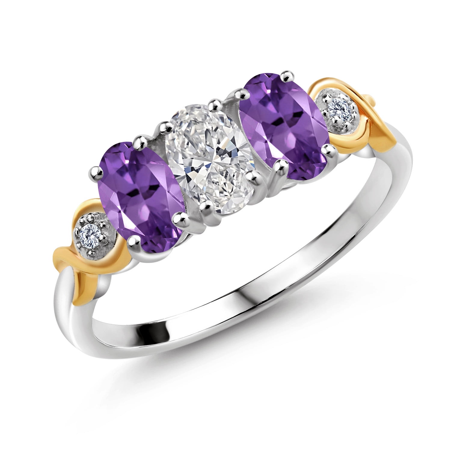 Gem Stone King 925 Silver and 10K Yellow Gold Lab Grown Diamond and Purple Amethyst Engagement Ring for Women | 1.32 Cttw | Oval 6X4MM | Gemstone April Birthstone | Size 7