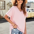 thumbnail image 3 of Camisetas casuales de manga corta para mujer para la oficina, citas, cumpleaños, uso diario - Rosa, talla L Camiseta de verano con escote en V dividido, 3 of 8