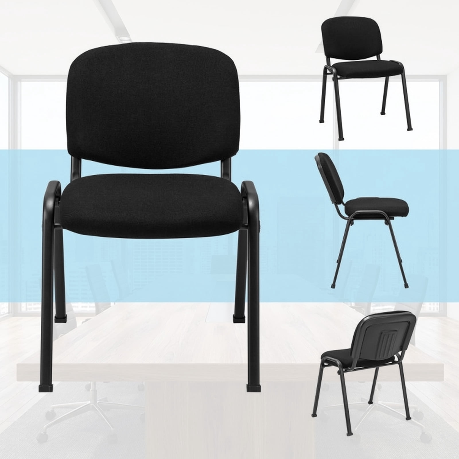 Furnibear Conference Chair Set of 5, Stackable Reception Office Guest Chair with Linen Padded Seat and Metal Frame for Meeting Waiting Room, Black