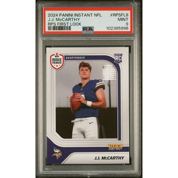 Graded 2024 Panini Instant NFL JJ McCarthy #RPSFL8 RPS First Look Rookie RC Football Card PSA 9 Mint