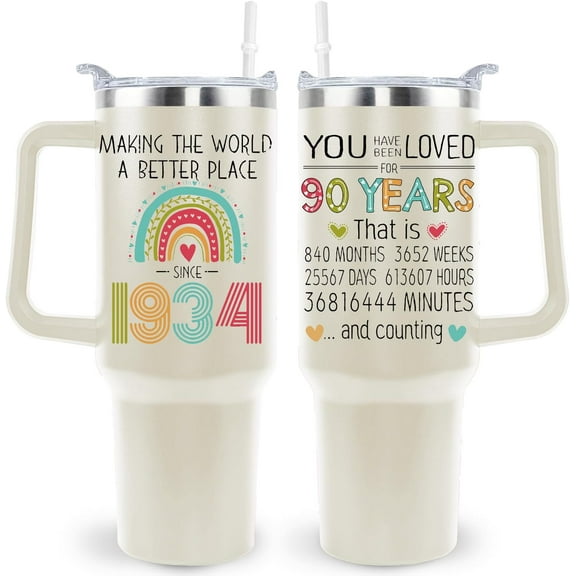 90th Birthday Gifts for Women 1934 Boho Bohemian Birthday Gift Ideas for Daughter Wife Mom Grandma 40oz Tumbler Cup With Handle