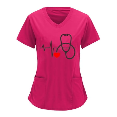 

Zodggu Tunic Scrub Tops With Pockets for Women 2023 Vacation Trendy Short Sleeve Womens Tops ECG Love Graphic Blouse Summer Fashion V Neck Shirts Nurse Blouse Working Uniform Tees Pink 10