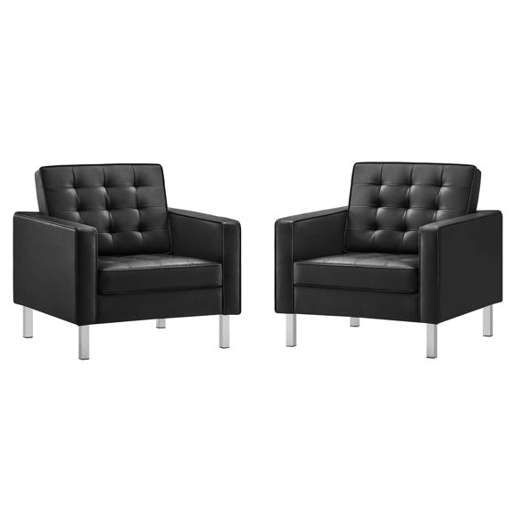 Tufted Armchair Accent Chair, Set of 2, Black, Vegan Leather, Living Kitchen Cafe Bistro Hospitality Restaurant, Modern Contemporary HB36896