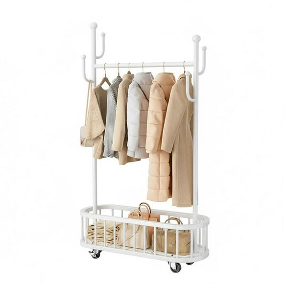 PIONEERWORKS Metal Clothing Rack with Wheels, 68.9 Inch Tall Heavy Duty Metal Garment Rack with Basket and 4 Hooks,Ideal for Bedroom, Closet or Living Room