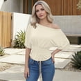 thumbnail image 4 of Rggeeun Women'S Tee Shirts Cropped One Shoulder Solid Color Short Sleeve Elastic Waist Draping for Summer Outdoor Picnics Simple Tees,Beige,L, 4 of 8