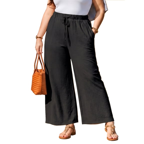 SHEWIN Womens Plus Size Pants Wide Leg Pants Palazzo Drawstring Elastic Waist Lounge Pants Spring Summer Lightweight with Pockets Black 2X