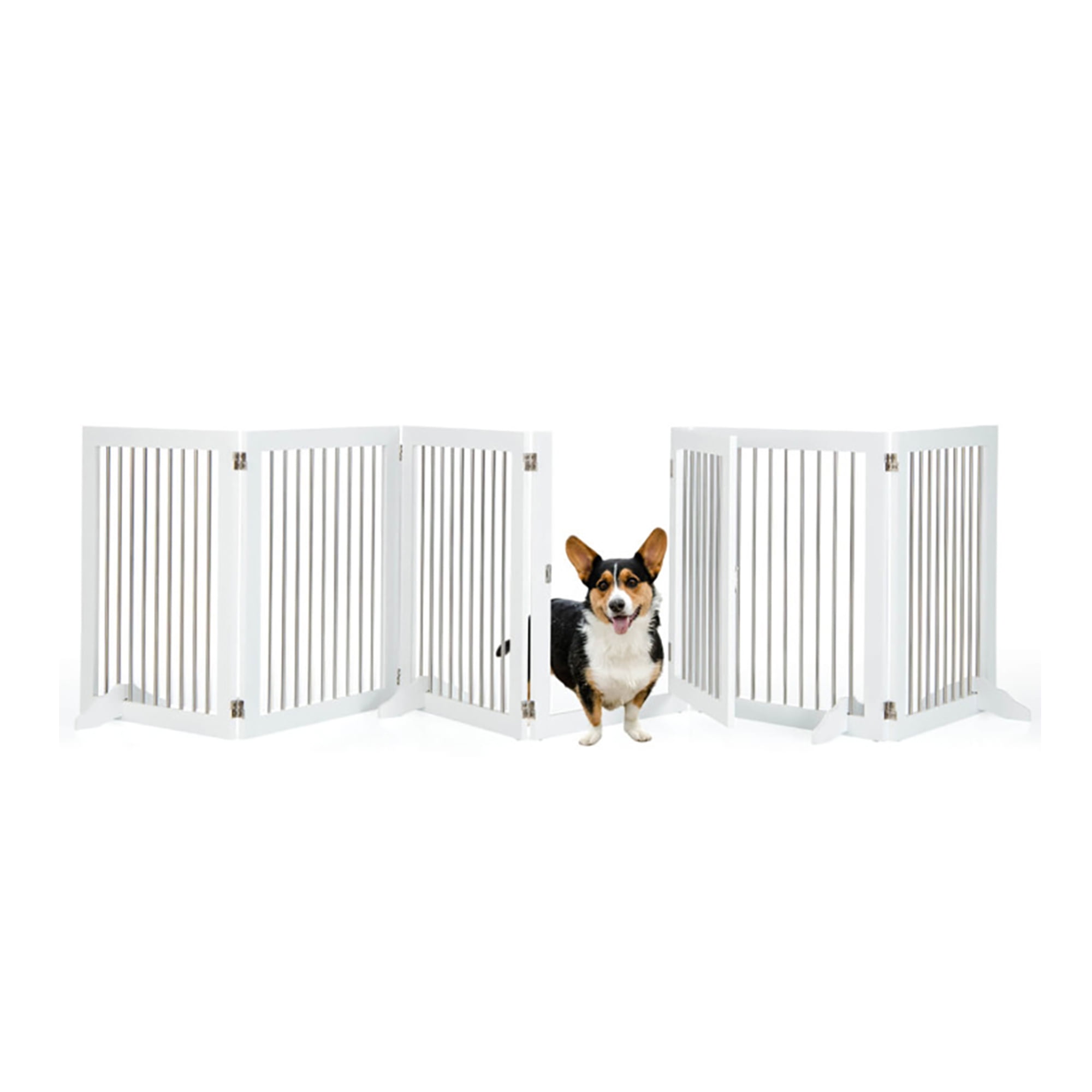 Pefilos 144" Folding Pet Gate with 4pcs Support, Wood 6-Panel Dog Gate for Stairs, Freestanding Pet Playpen Puppy Safety Fence, White