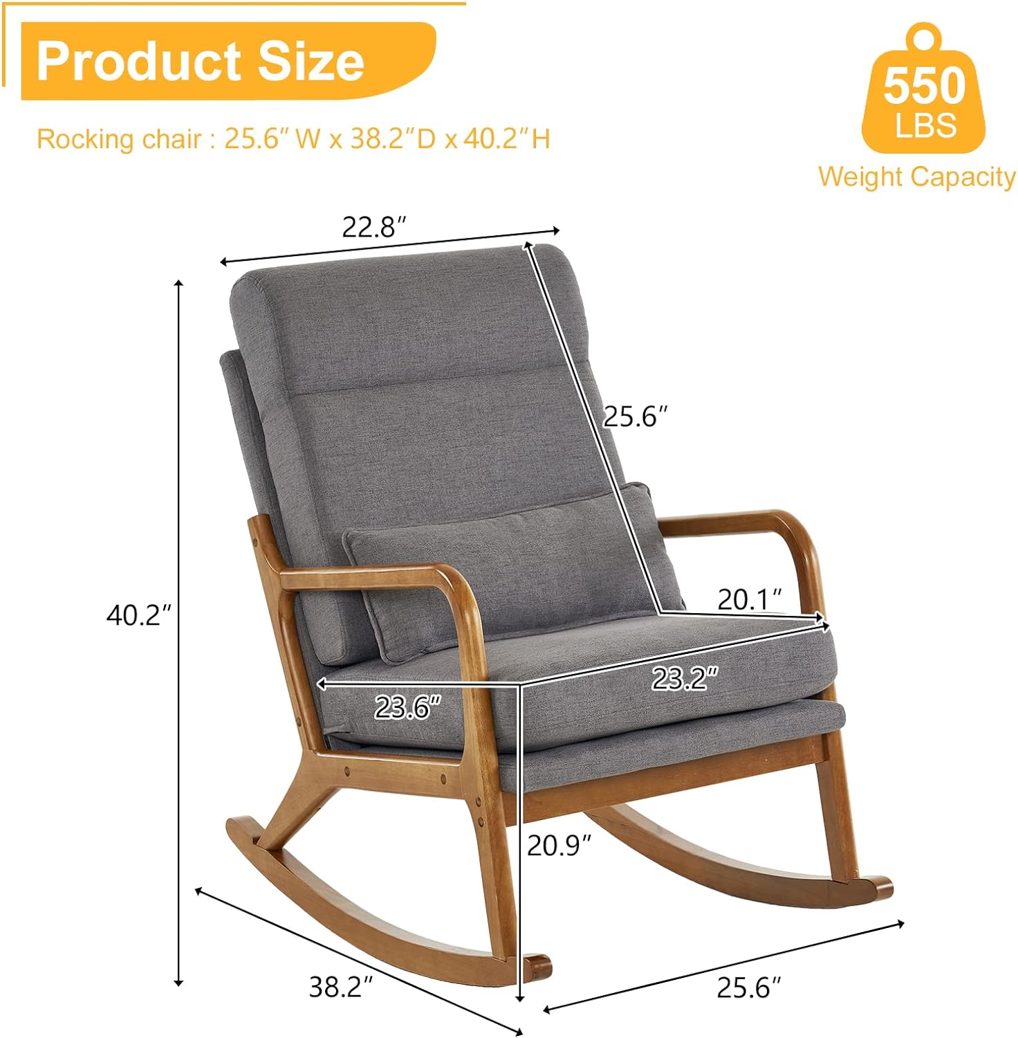 Nursery Rocking Chair Removable Glider Rocker High Backrest Rocking Armchair Mid-Century Accent Chair with Lumber Pillow for Bedroom, Living Room, Nursery, Dark Gray