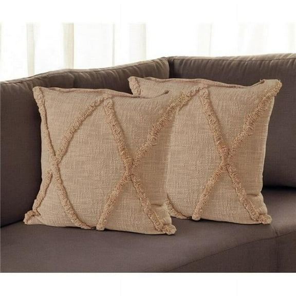 HomeRoots 554590 Square Tan Diamond Cotton Throw Pillow with Fringe - Set of 2