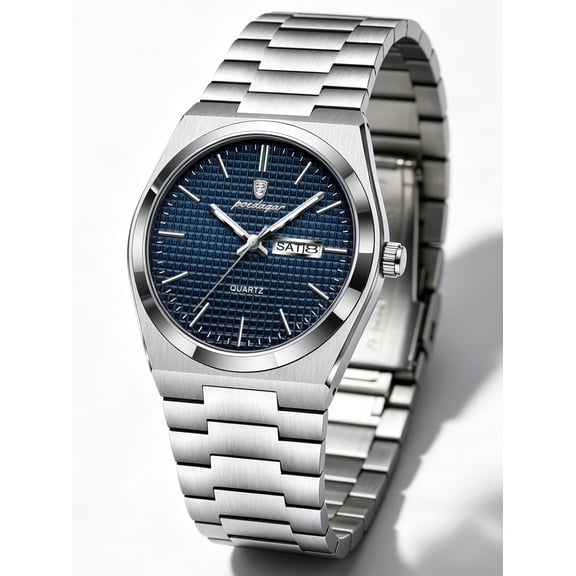 POEDAGAR Business Men's Stainless Steel Waterproof Luminous Quartz Watches with Dual Calendar Display