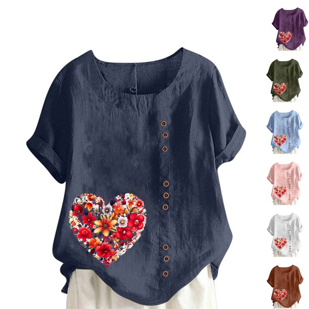 Fiudx Ofertas y Liquidaciones Blusa Informal y de Lino con Botones y Manga Corta Estampada para Mujer