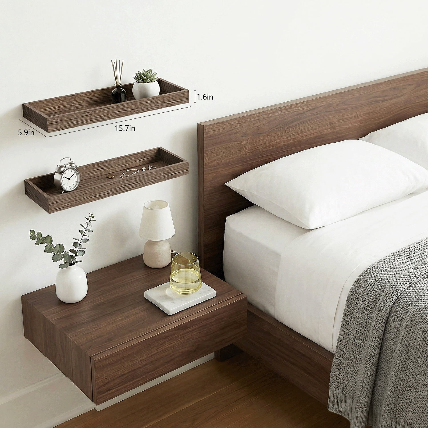 Mifurn 15.7" Floating Shelves for Wall, with Raised Lip, Set of 2, Gray
