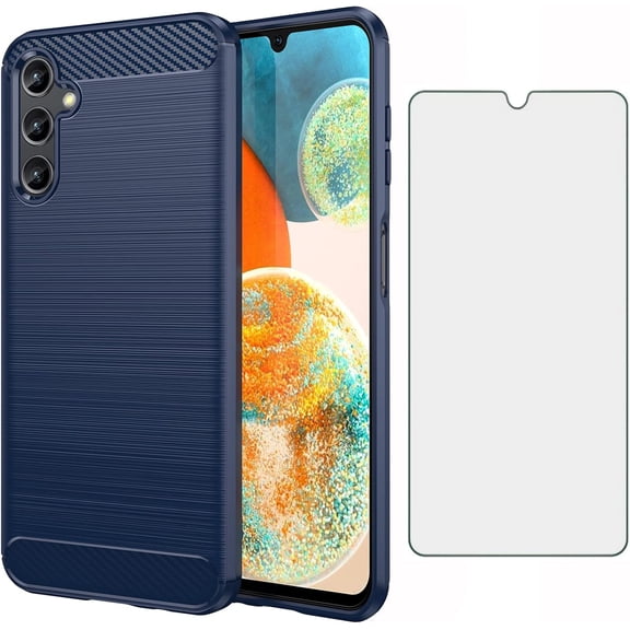 REQO Phone Case for Samsung Galaxy A14 5G with Tempered Glass Screen Protector Cover and Cell Accessories Slim TPU Soft Hybrid Silicone Protective A 14 2023 14A G5 Carbon Fiber Women Men Dark Blue