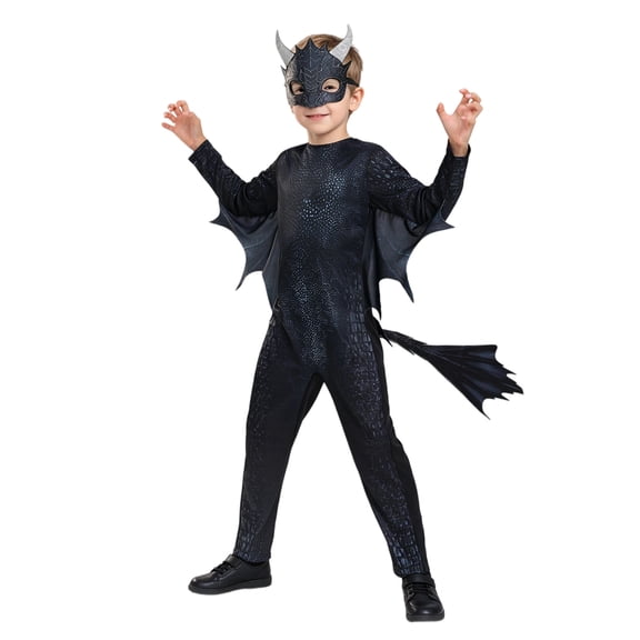Black Dragon Costume Dark Scale Jumpsuit with Mask Wings and Tail Halloween Mythical Creature Cosplay Outfit for Themed Party Stage Play Dress Up for Halloween Party
