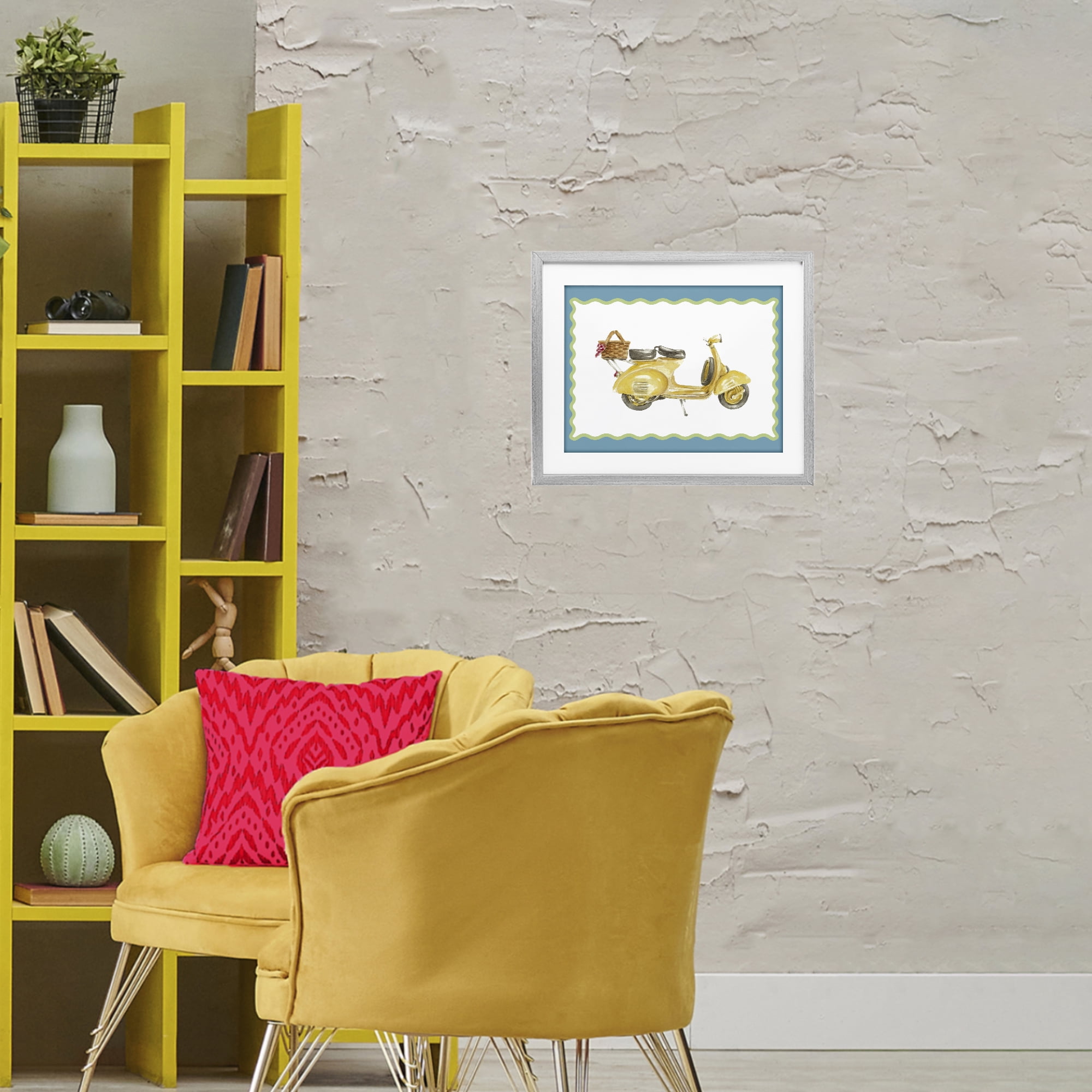 Stupell Industries Yellow Vespa with Wavy Border Gray Framed Print Under Glass, design by Lanie Loreth