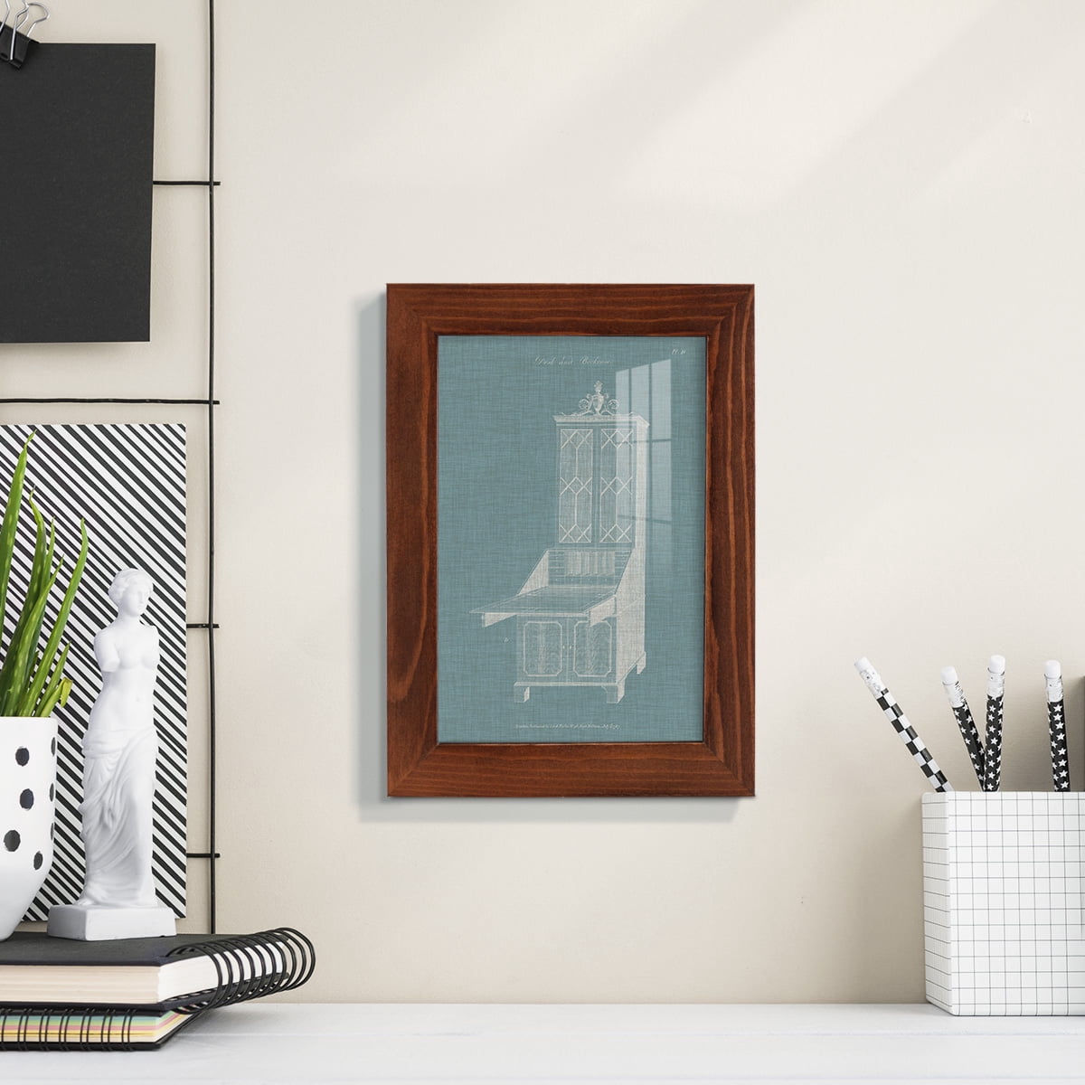Hepplewhite Desk & Bookcase IV - Framed Print w/glass - Chestnut