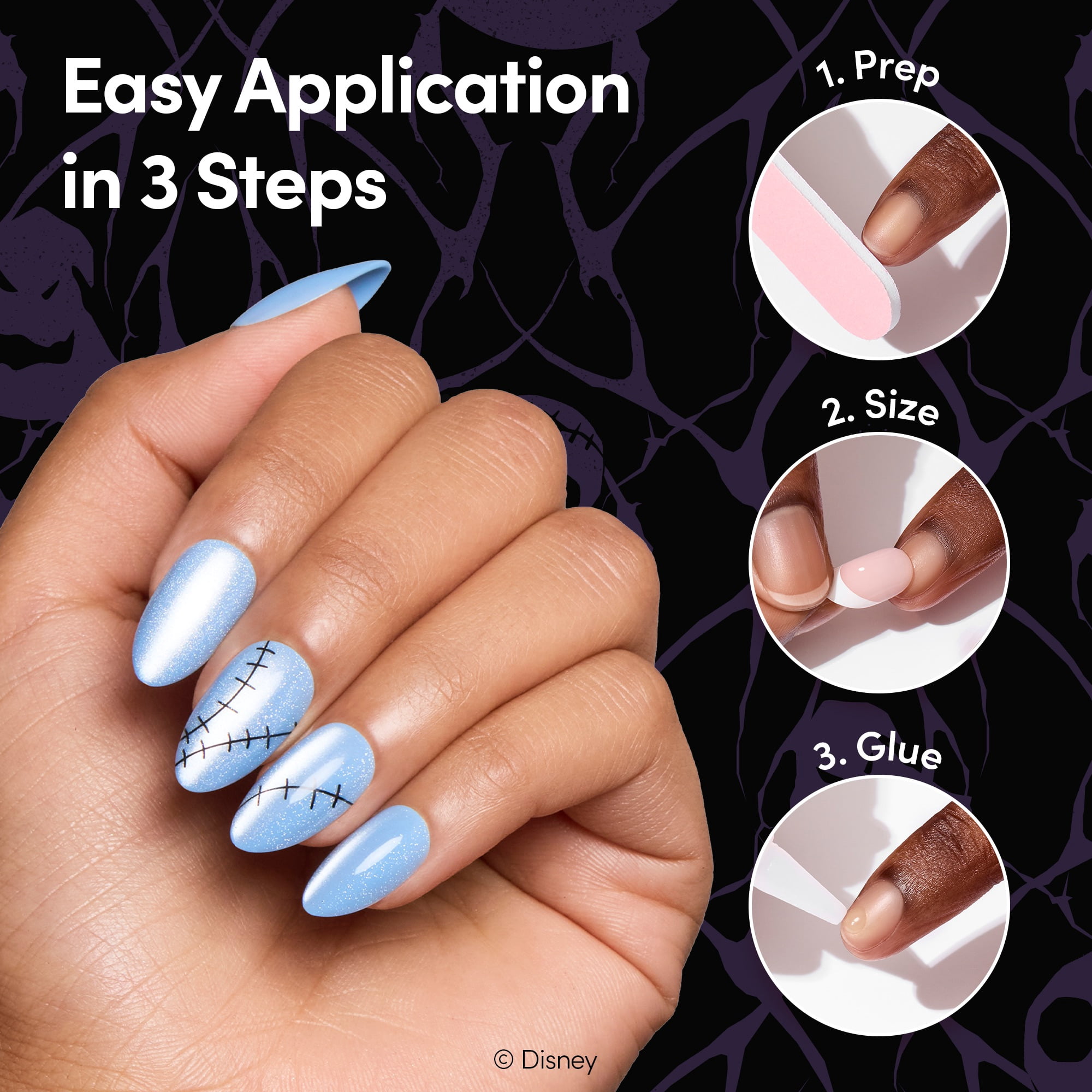 DIGI by Glamnetic x Nightmare Before Christmas Short Almond Press-on Nails, Stitched Together, 24 Pieces
