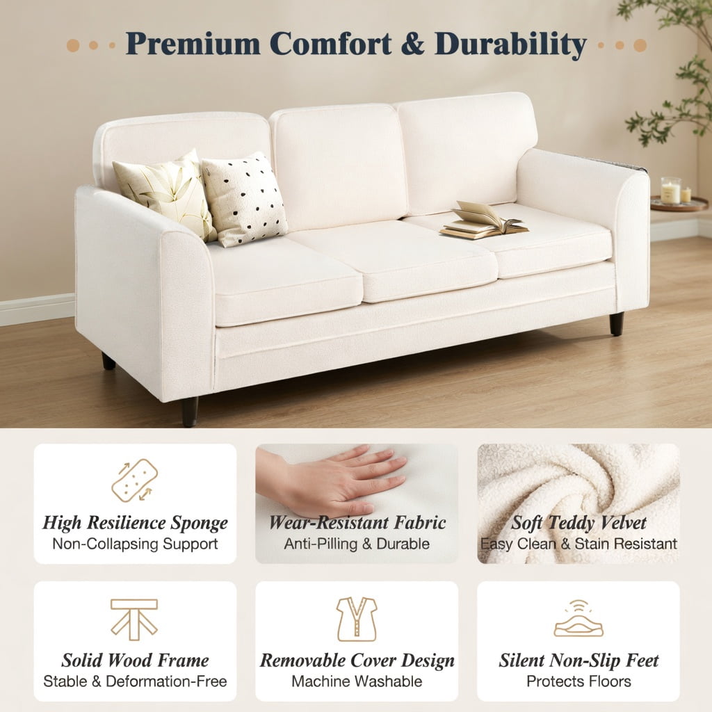 Hommoo Teddy Velvet 3-Seater Sofa, Plush Upholstered Living Room Couch with Ergonomic Back Support, Machine-Washable Cushion Covers, Rubber Wood & Metal Frame, White