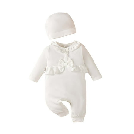 

1 Months Baby Girls Clothes 3 Months Girls One-piece Bodysuit Solid Color Round Neck Ruffle Collar Newborn Girls Long Sleeve Bodysuit with Hat White