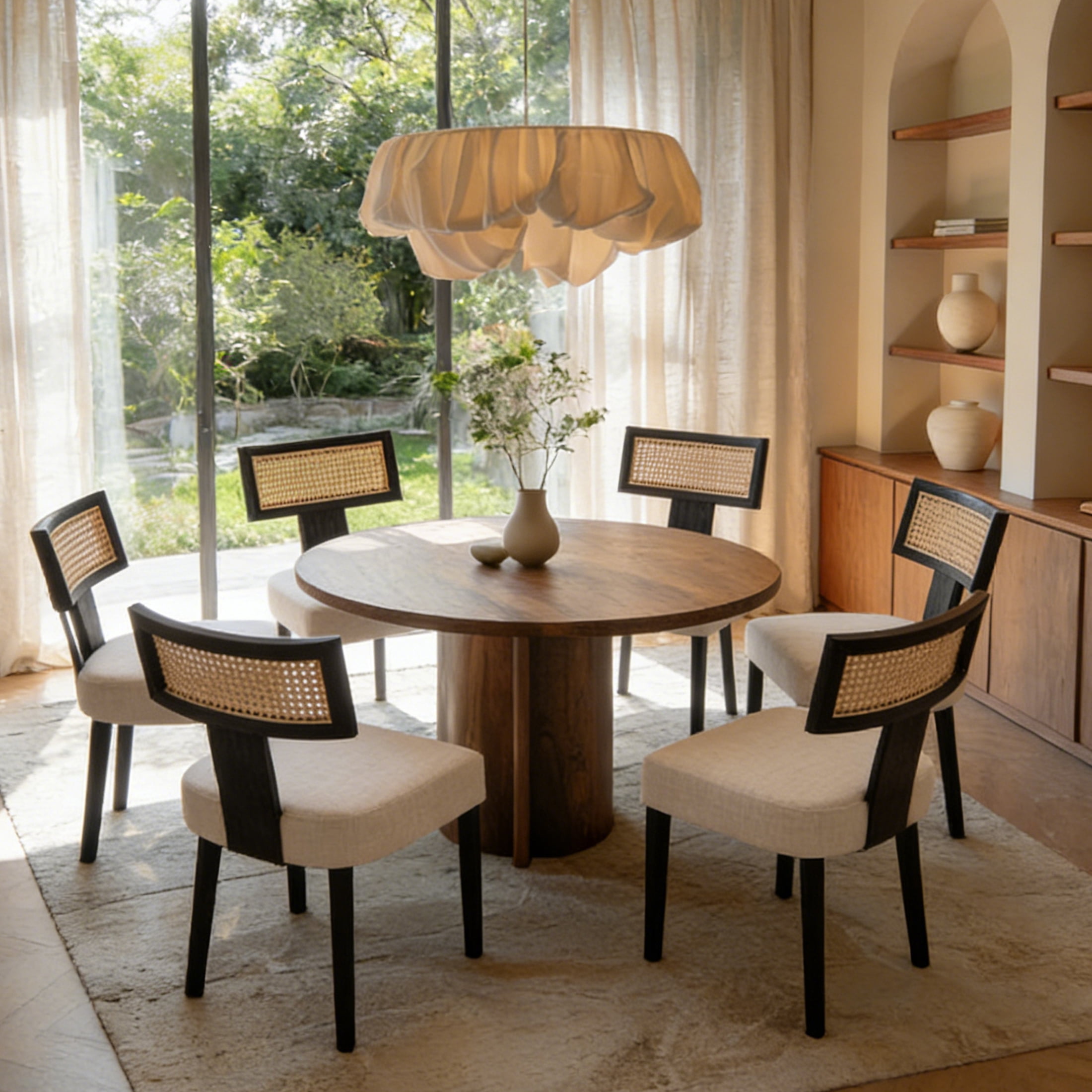 Guyou Modern Rattan Backrest Dining Chairs Set of 2, Mid-century Farmhouse Linen Upholstered Kitchen Chairs Solid Wood Side Chairs for Kitchen Dining Room Living Room, Beige